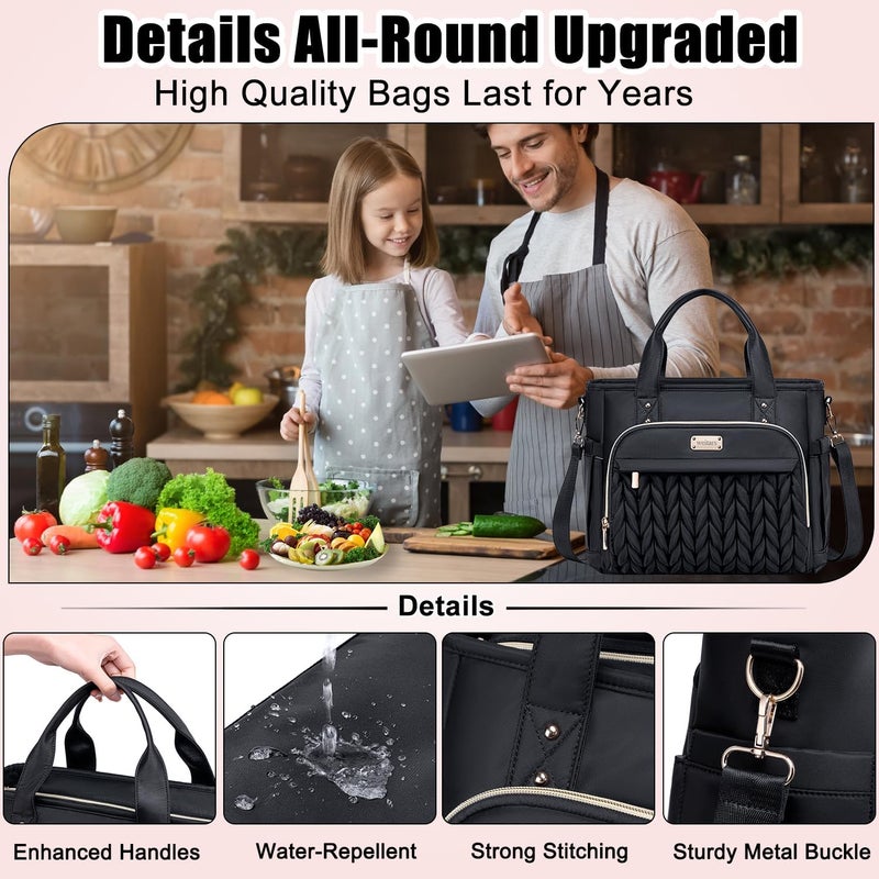 Weitars Insulated Lunch Bag for Women,Leak Proof Lunch Box for Work,Extra Large Lunch Tote Bag With Removable Shoulder Strap with Side Pockets,Reusable Lunch Bag For Picnic Hiking (Black-02) - Image 3